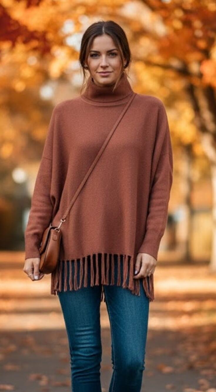 Carmen Marc Valvo Sweater XL Cinnamon color fringeBust 50" CB L 28"Dolman sleeve